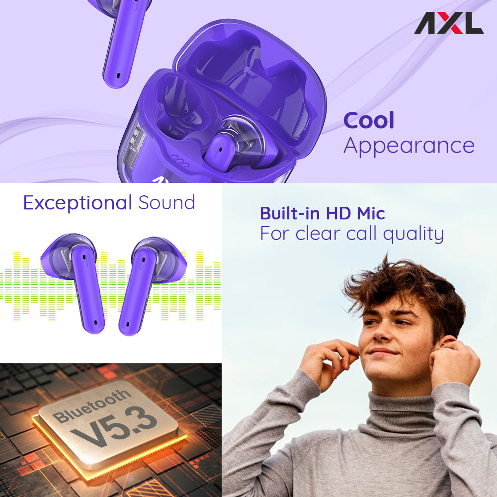 AXL Ultron Premium transparent Wireless Earbuds with 30 HRS Playback, magnetic enclosure easy touch controls Immersive Sound quality IPX5 Sweat & Water Resistant