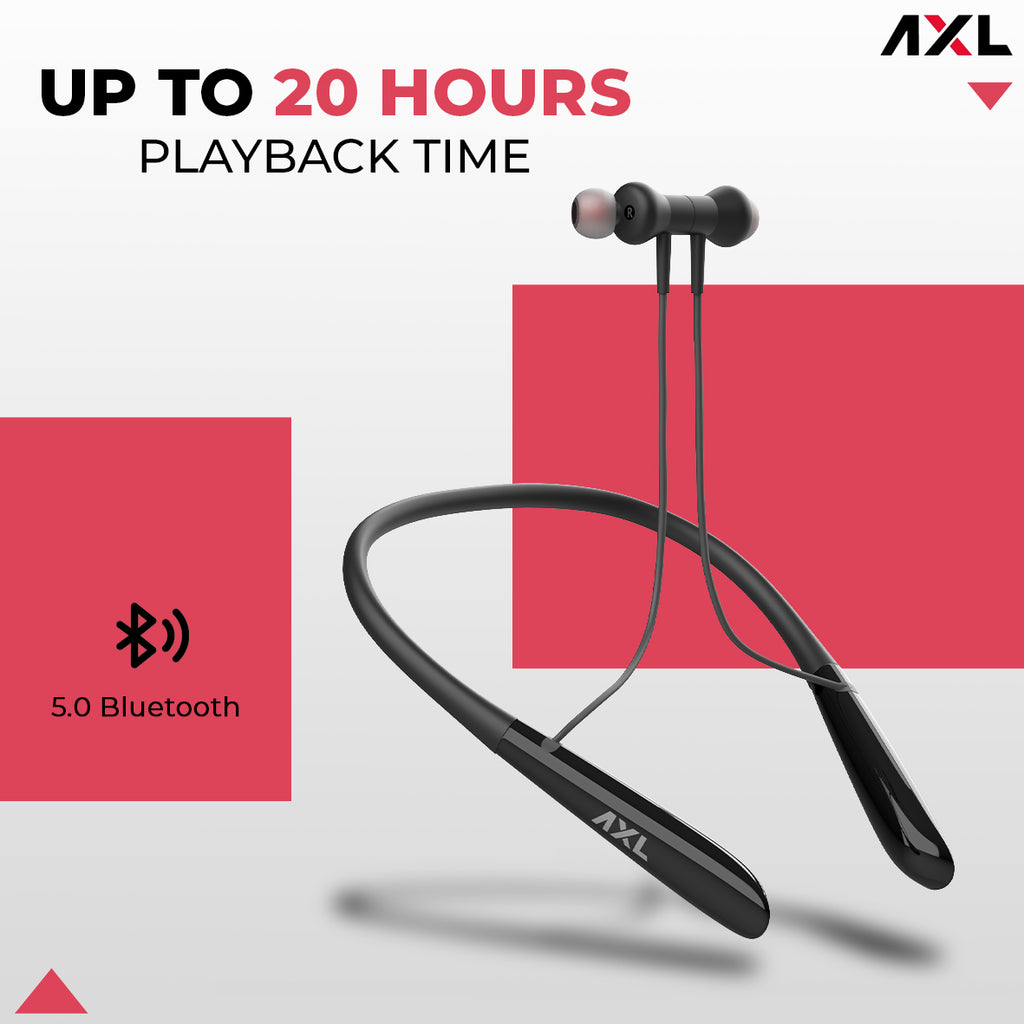 AXL ABN03 Wireless Neckband with Up to 20Hrs Playtime, Bluetooth 5.0, Fast Charging, Volume Control, Deep Bass and Single Touch Connect – Black