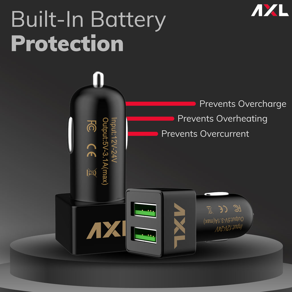 AXL ACC02 3.1A Dual Port Rapid Car Charger with Fast Charging, Compatible for All Smartphones With Cable (Black)