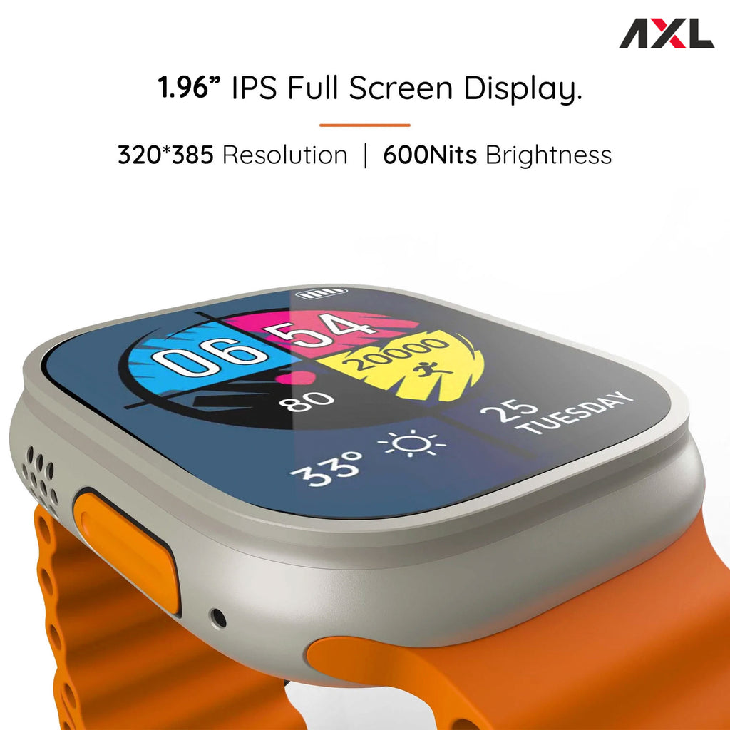 AXL Gear Smartwatch: Cutting-Edge Technology Meets Style – Wireless Charging, Rotating Crown, BT Calling, Zinc Alloy Frame, 900 Nits, SpO2 Monitoring, and Vibrant Orange Strap (Free Size)