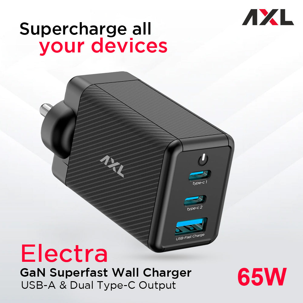 AXL Electra Adaptor 65W USB Type-C Wall Charger with Fast Charging Type-C Cable -Universal Compatibility for Android
