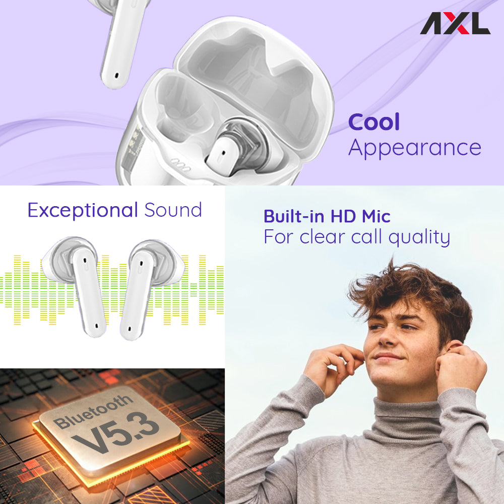 AXL Ultron Premium transparent Wireless Earbuds with 30 HRS Playback, magnetic enclosure easy touch controls Immersive Sound quality IPX5 Sweat & Water Resistant