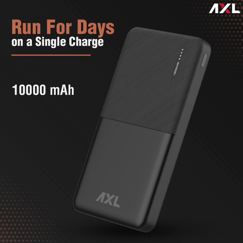 AXL XPB-1250 Power Bank 10000mAh Li-Polymer with 12W Fast Charging, Type C & Micro USB Input Ports, LED Battery Indicator & Multi Protection Technology for Smartphone & Tablet (Black)