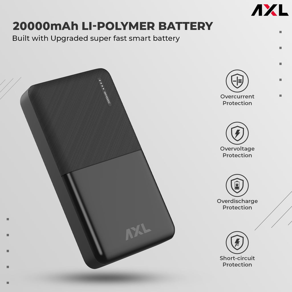 AXL XPB-2250 Power Bank 20000mAh Li-Polymer with Type C & Micro USB Input Ports, LED Battery Indicator & Multi Protection Technology for Smartphone & Tablet (Black)
