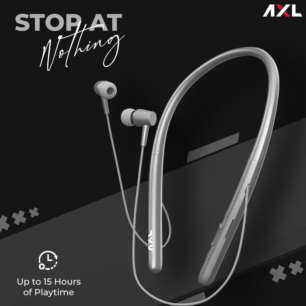 AXL ABN02 Bluetooth 5.0 In Ear Neckband with Fast Charging, Up to 15 Hour Playtime, 10mm Extra Bass Drivers with HD Sound, Magnetic Earbuds