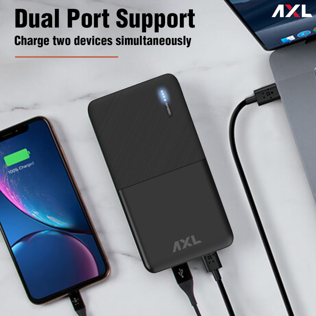 AXL XPB-1250 Power Bank 10000mAh Li-Polymer with 12W Fast Charging, Type C & Micro USB Input Ports, LED Battery Indicator & Multi Protection Technology for Smartphone & Tablet (Black)