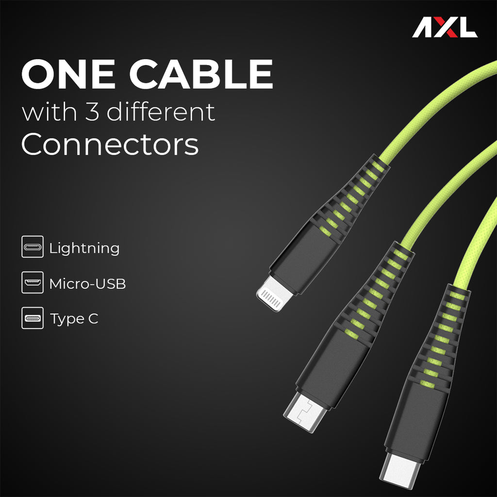 AXL ACB-60 Nylon Braided 3 in 1 Multifunction Charging Cable for Android, iOS and Type C Devices with 3A High Speed Charging – 1.2 Meter (Orange/Green/Blue/Grey)