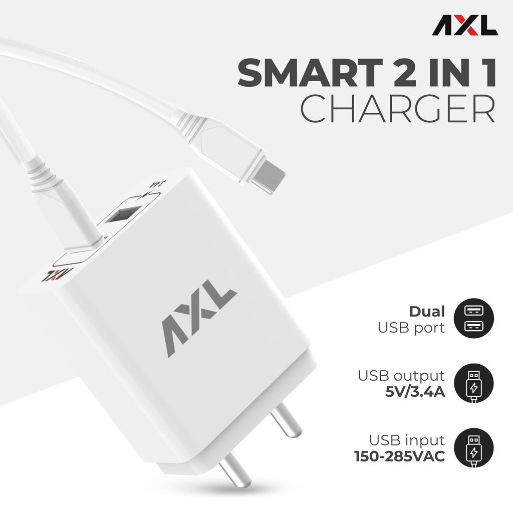 AWC34M 3.4A Dual Output Wall Charger with Micro-USB Cable