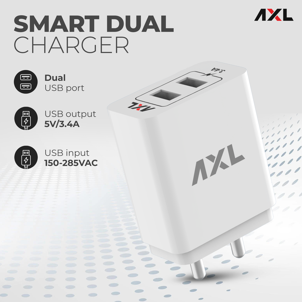 AWC34C 3.4A Dual Output Wall Charger with Type-C USB Cable
