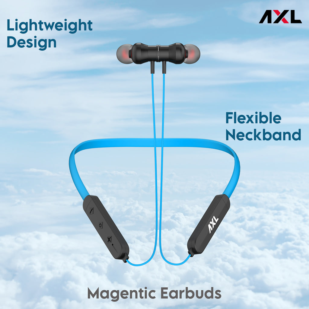 AXL NB06 Bluetooth Neckband with 12 Hours Playback, IPX4 Splash Resistant Magnetic Earbuds, Bass Boost Drivers, HD Stereo Sound and Ergonomic Light Weight Design