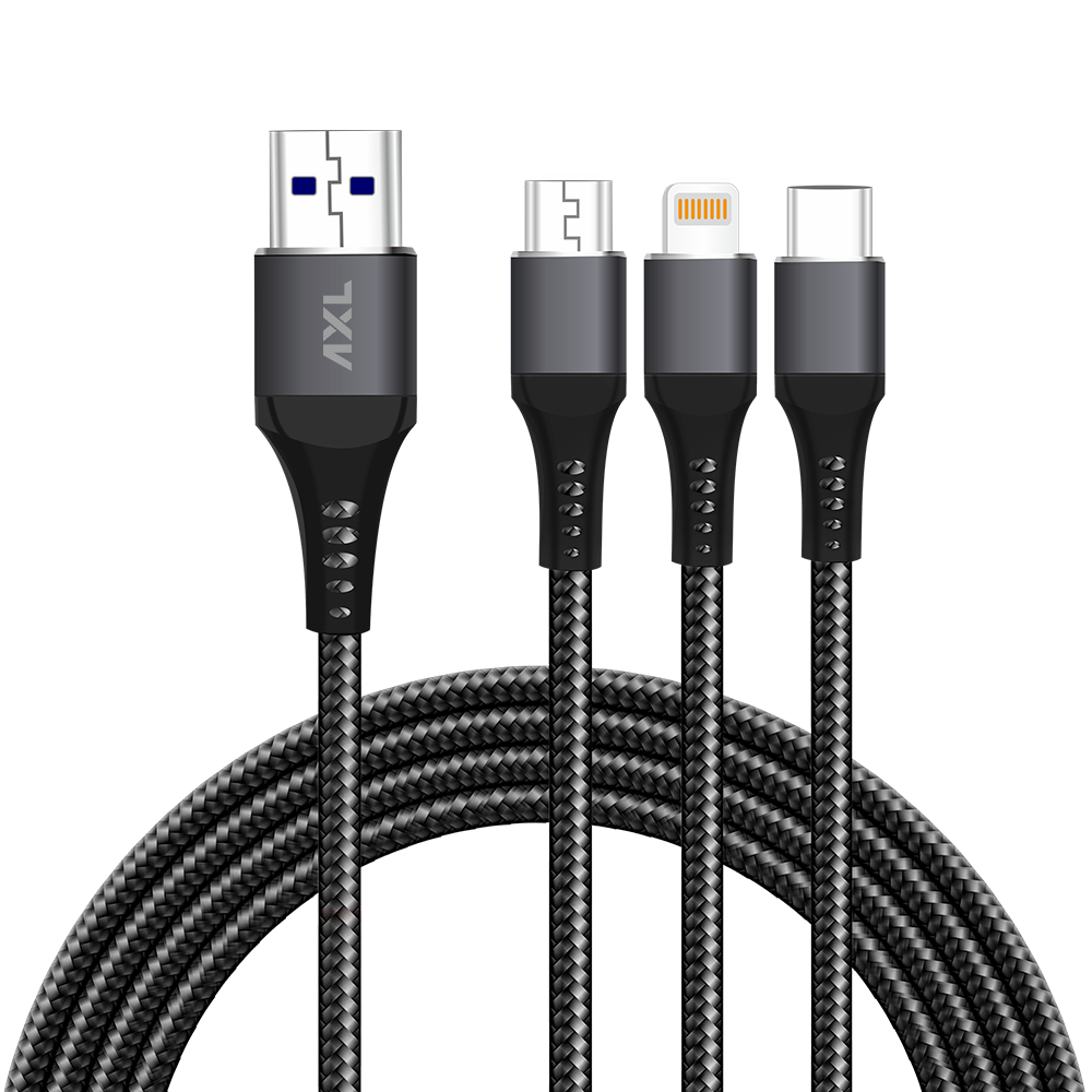 AXL ACB-70 Braided 3 in 1 Multifunction Charging/Sync Cable for Android with 5A High Speed Charging – 1 Meter (Black)