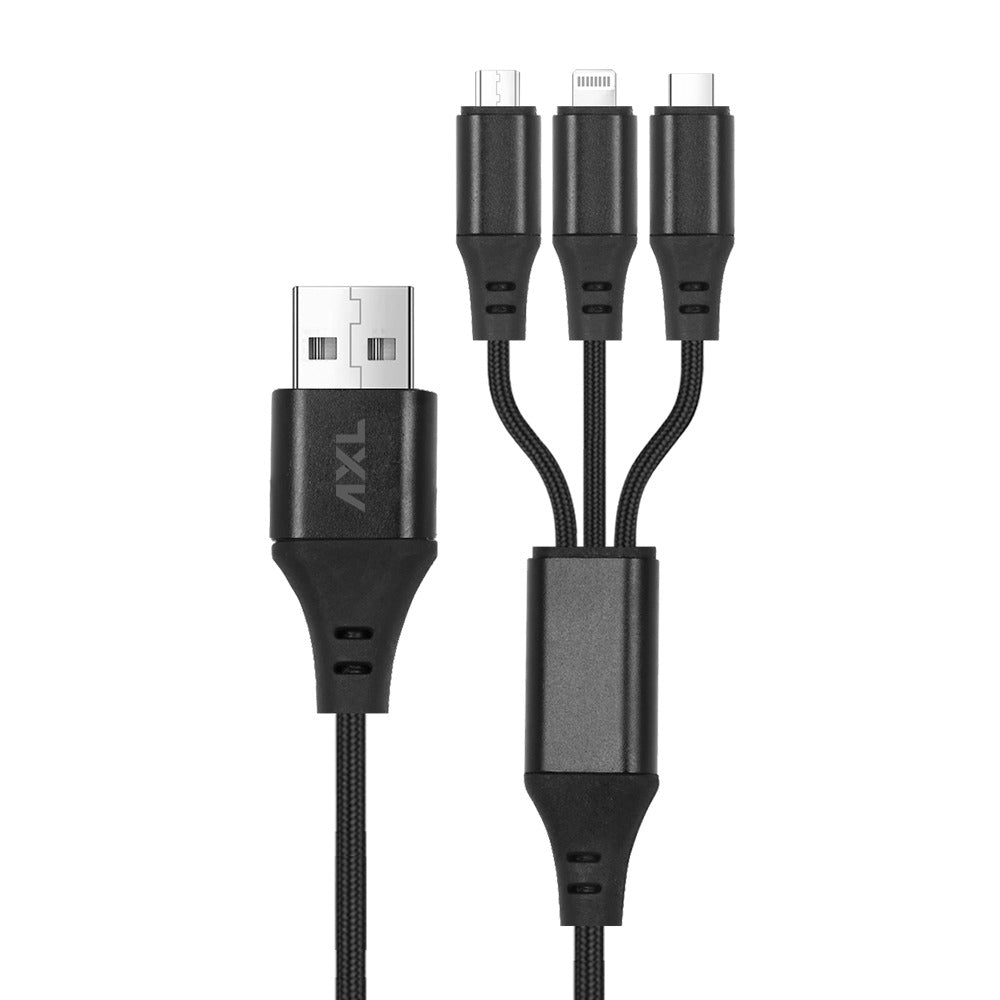 AXL CB-80 Nylon Braided 3 in 1 Charging Cable for Android with 3A Fast Charging – 1.2 Meter (Black)