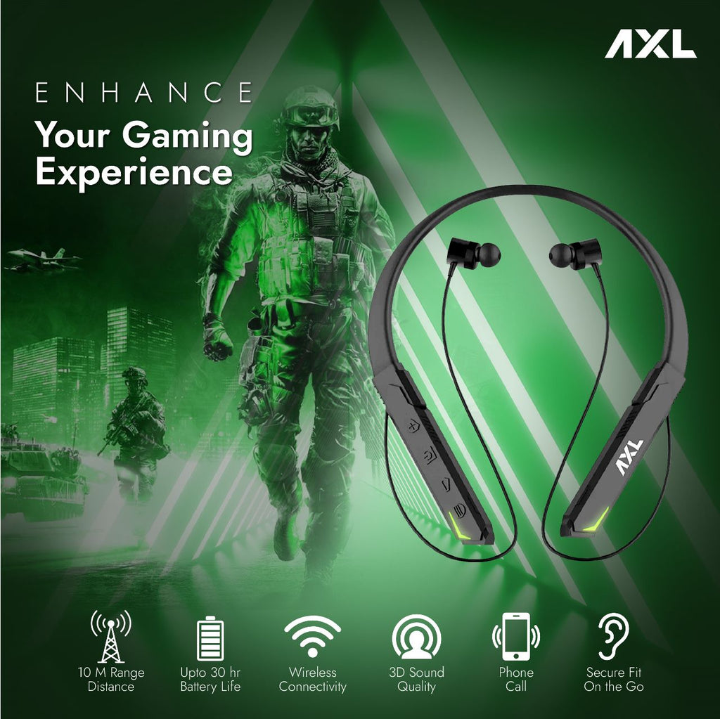 AXL GN01 Falcon Wireless Gaming Neckband Up to 30Hrs Playtime, Bluetooth 5.0, 3D Sound Quality with Mic, Type-C Charging, IPX4 (Black)
